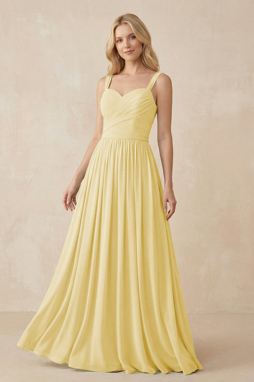 A - Line Pleated Chiffon Long Bridesmaid Dress in Pastel Yellow - SHE IS ME Bridesmaid Dresses