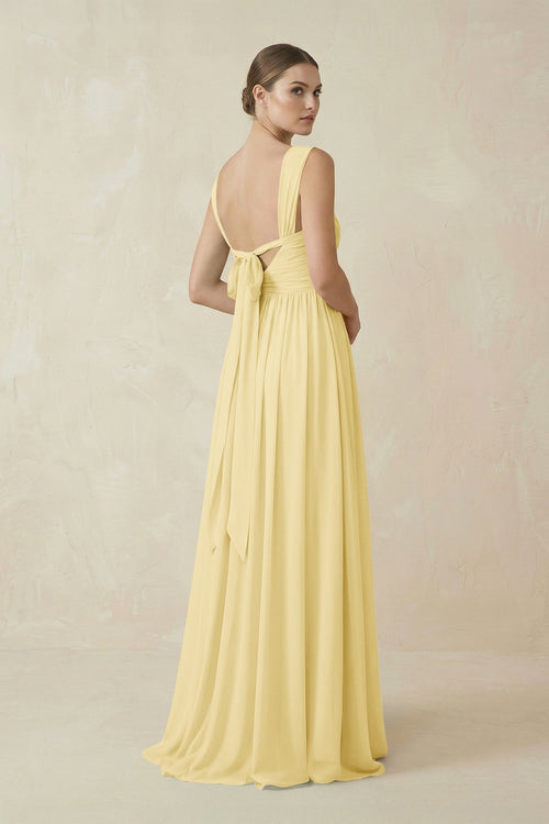 A - Line Pleated Chiffon Long Bridesmaid Dress in Pastel Yellow - SHE IS ME Bridesmaid Dresses