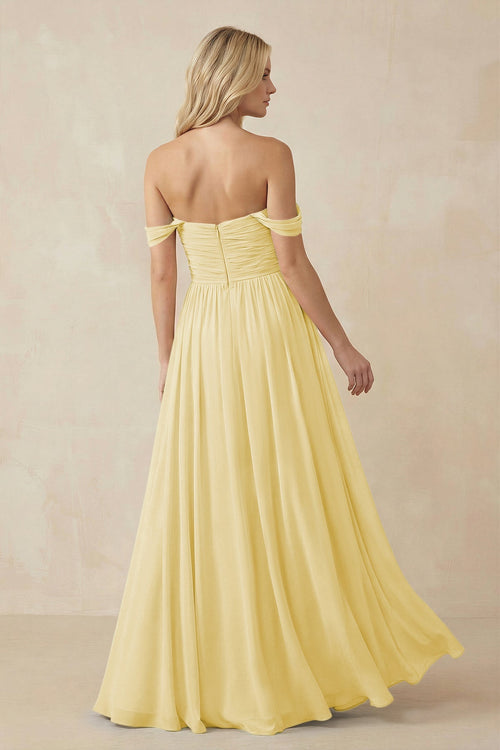 A - Line Pleated Chiffon Long Bridesmaid Dress in Pastel Yellow - SHE IS ME Bridesmaid Dresses