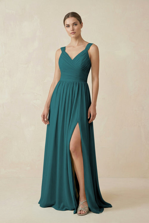 A - Line Pleated Chiffon Long Bridesmaid Dress in Pine - SHE IS ME Bridesmaid Dresses
