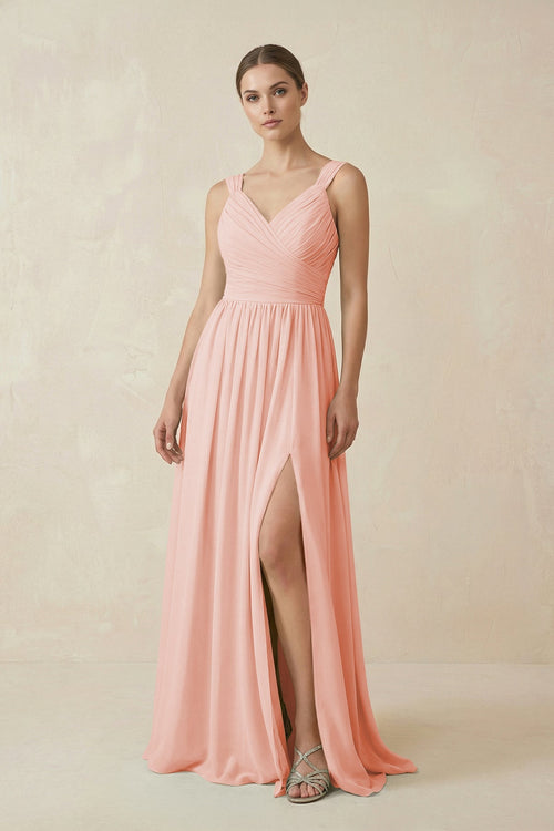 A - Line Pleated Chiffon Long Bridesmaid Dress in Rose Petal - SHE IS ME Bridesmaid Dresses