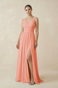 A - Line Pleated Chiffon Long Bridesmaid Dress in Rosette - SHE IS ME Bridesmaid Dresses