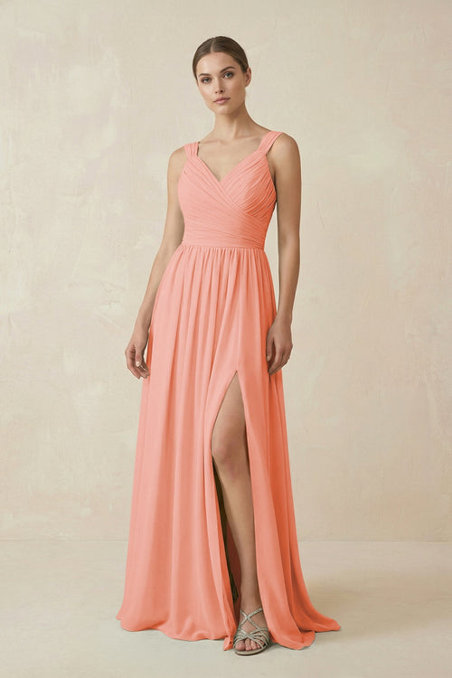 A - Line Pleated Chiffon Long Bridesmaid Dress in Rosette - SHE IS ME Bridesmaid Dresses
