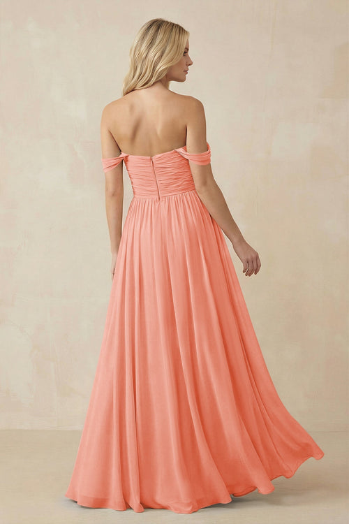A - Line Pleated Chiffon Long Bridesmaid Dress in Rosette - SHE IS ME Bridesmaid Dresses