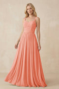 A - Line Pleated Chiffon Long Bridesmaid Dress in Rosette - SHE IS ME Bridesmaid Dresses