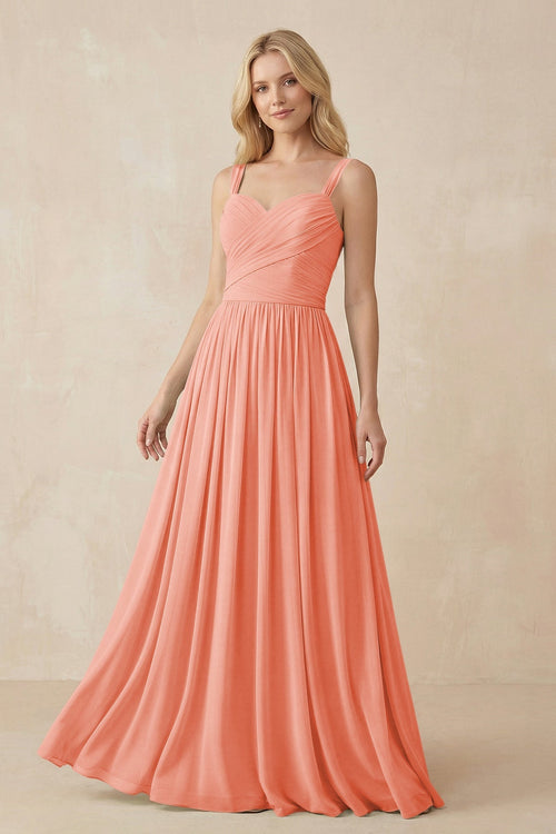 A - Line Pleated Chiffon Long Bridesmaid Dress in Rosette - SHE IS ME Bridesmaid Dresses