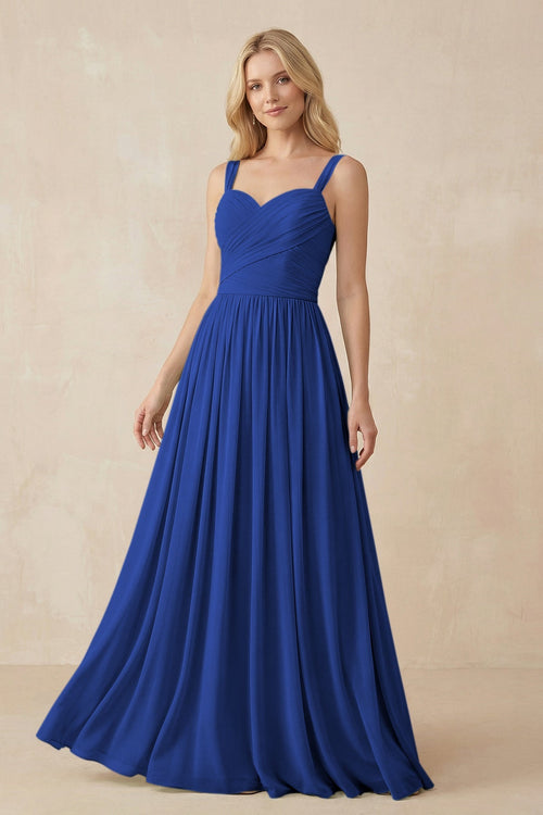 A - Line Pleated Chiffon Long Bridesmaid Dress in Royal Blue - SHE IS ME Bridesmaid Dresses