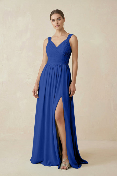 A - Line Pleated Chiffon Long Bridesmaid Dress in Royal Blue - SHE IS ME Bridesmaid Dresses