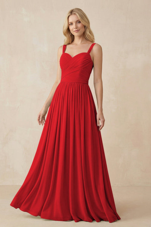 A - Line Pleated Chiffon Long Bridesmaid Dress in Ruby Red - SHE IS ME Bridesmaid Dresses