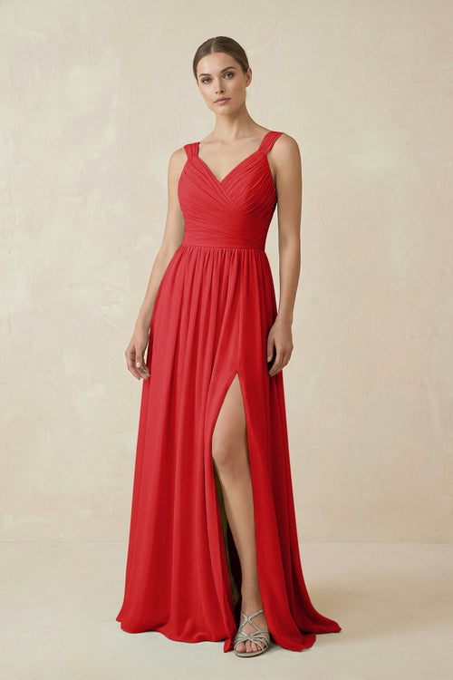A - Line Pleated Chiffon Long Bridesmaid Dress in Ruby Red - SHE IS ME Bridesmaid Dresses