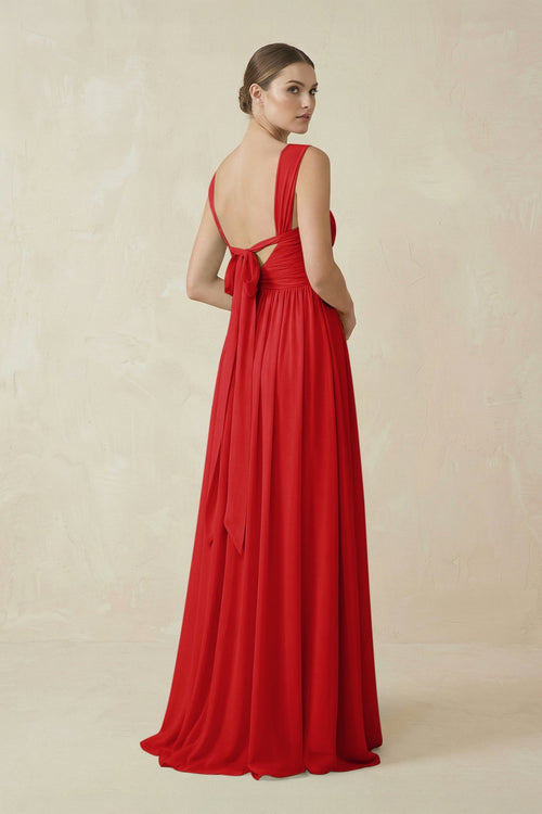A - Line Pleated Chiffon Long Bridesmaid Dress in Ruby Red - SHE IS ME Bridesmaid Dresses