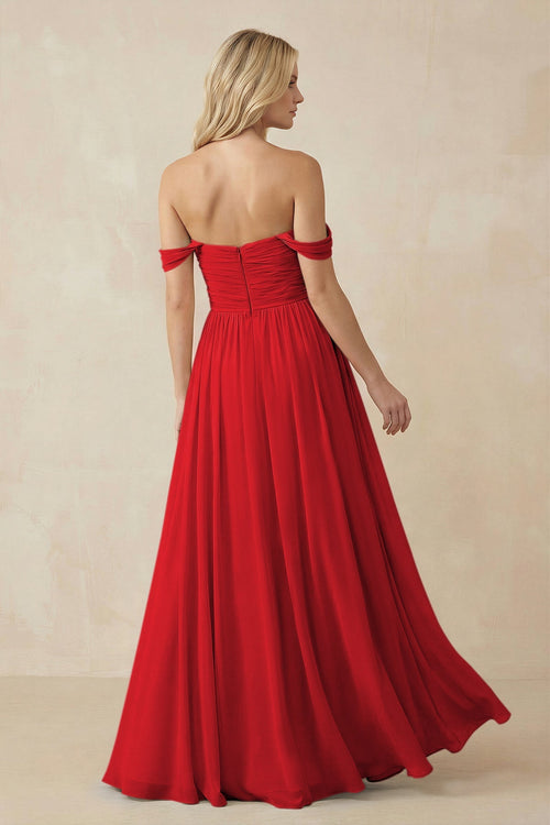 A - Line Pleated Chiffon Long Bridesmaid Dress in Ruby Red - SHE IS ME Bridesmaid Dresses