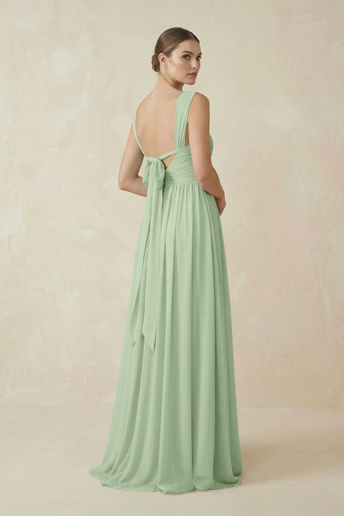 A - Line Pleated Chiffon Long Bridesmaid Dress in Sage - SHE IS ME Bridesmaid Dresses