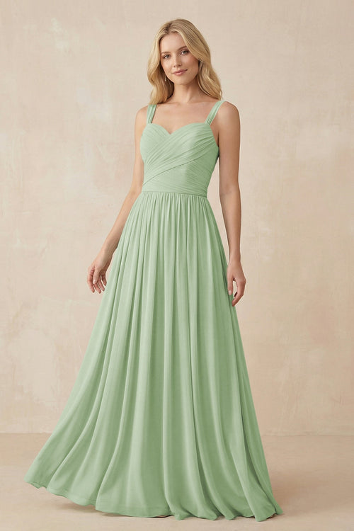 A - Line Pleated Chiffon Long Bridesmaid Dress in Sage - SHE IS ME Bridesmaid Dresses