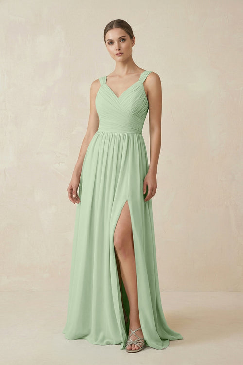 A - Line Pleated Chiffon Long Bridesmaid Dress in Sage - SHE IS ME Bridesmaid Dresses