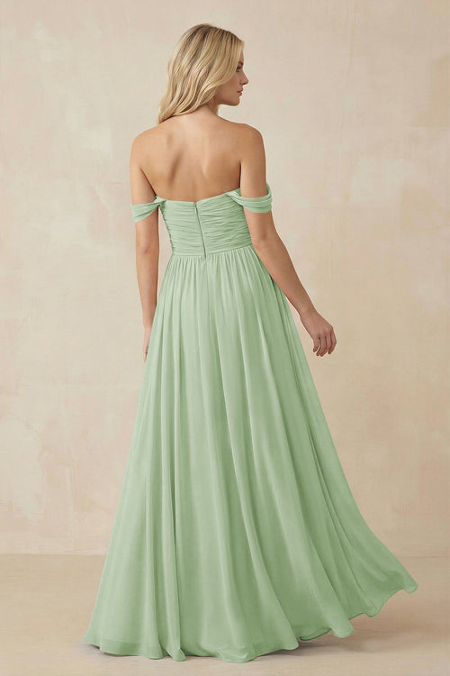 A - Line Pleated Chiffon Long Bridesmaid Dress in Sage - SHE IS ME Bridesmaid Dresses