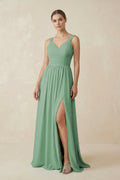 A - Line Pleated Chiffon Long Bridesmaid Dress in Sea Glass - SHE IS ME Bridesmaid Dresses