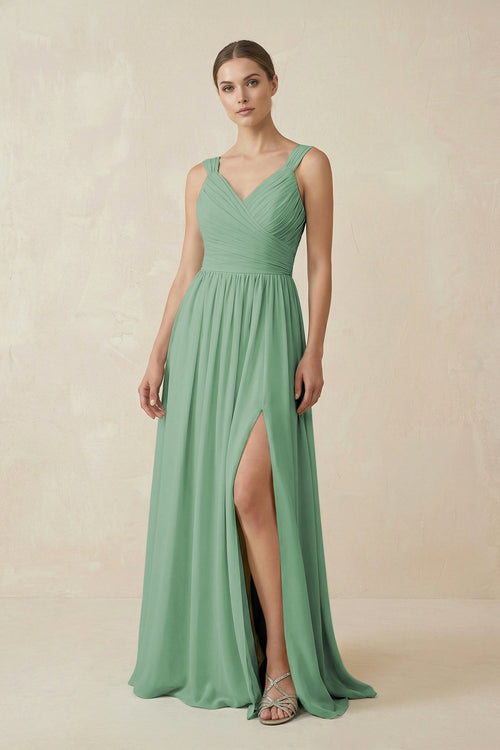 A - Line Pleated Chiffon Long Bridesmaid Dress in Sea Glass - SHE IS ME Bridesmaid Dresses