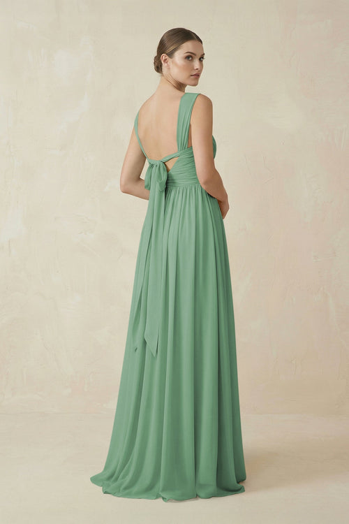 A - Line Pleated Chiffon Long Bridesmaid Dress in Sea Glass - SHE IS ME Bridesmaid Dresses
