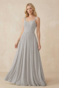 A - Line Pleated Chiffon Long Bridesmaid Dress in Silver - SHE IS ME Bridesmaid Dresses