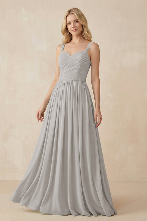 A - Line Pleated Chiffon Long Bridesmaid Dress in Silver - SHE IS ME Bridesmaid Dresses