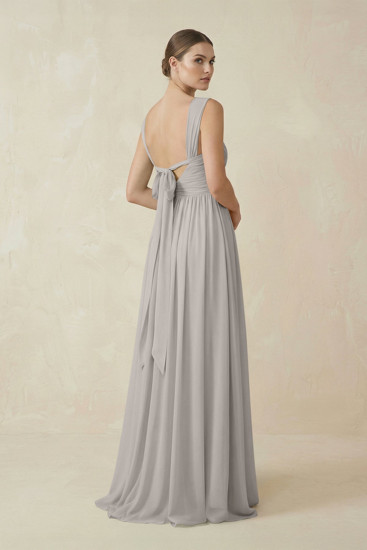 A - Line Pleated Chiffon Long Bridesmaid Dress in Silver - SHE IS ME Bridesmaid Dresses