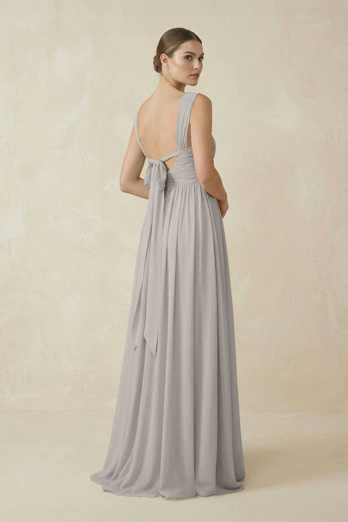 A - Line Pleated Chiffon Long Bridesmaid Dress in Silver - SHE IS ME Bridesmaid Dresses
