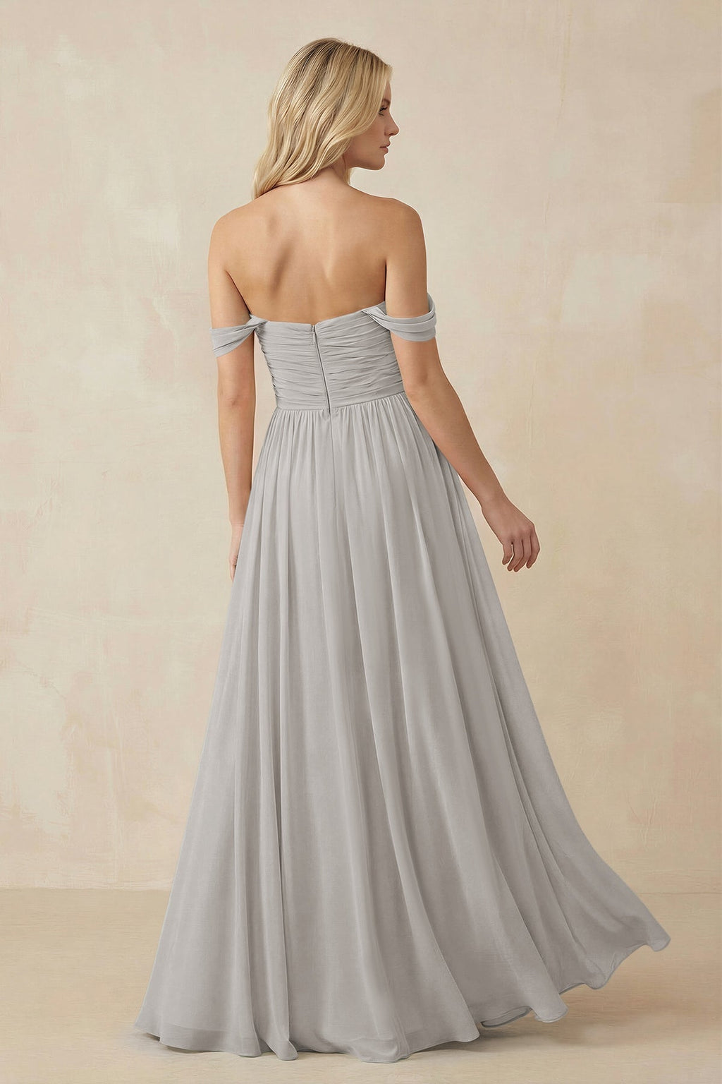 A - Line Pleated Chiffon Long Bridesmaid Dress in Silver - SHE IS ME Bridesmaid Dresses