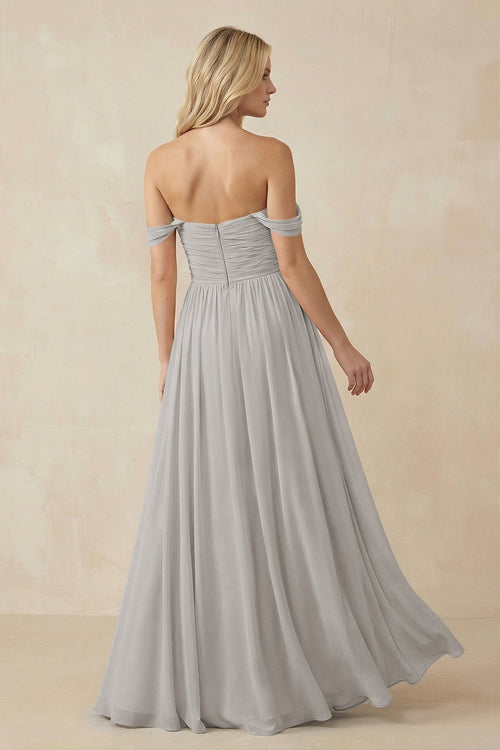 A - Line Pleated Chiffon Long Bridesmaid Dress in Silver - SHE IS ME Bridesmaid Dresses