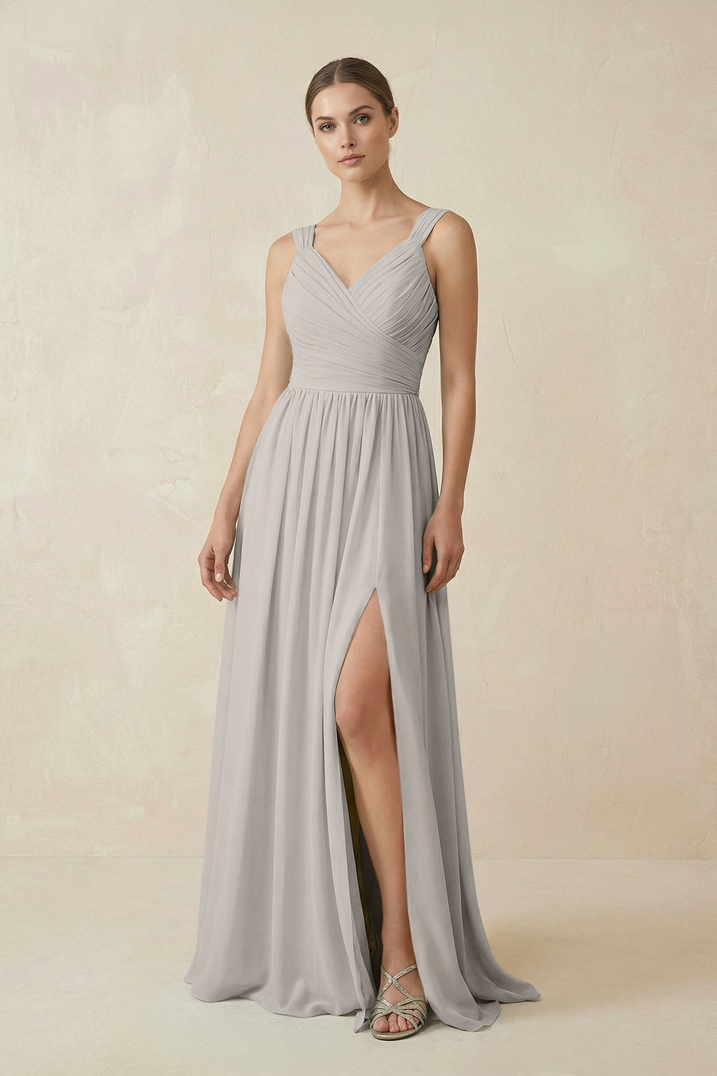 A - Line Pleated Chiffon Long Bridesmaid Dress in Silver - SHE IS ME Bridesmaid Dresses