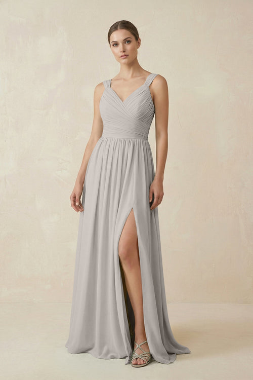 A - Line Pleated Chiffon Long Bridesmaid Dress in Silver - SHE IS ME Bridesmaid Dresses