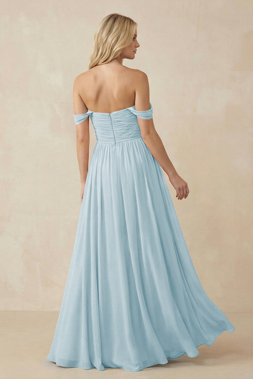 A - Line Pleated Chiffon Long Bridesmaid Dress in Sky Blue - SHE IS ME Bridesmaid Dresses