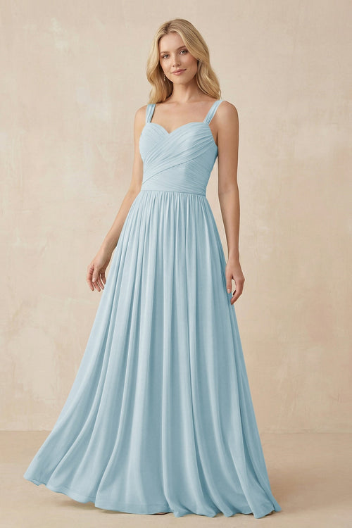 A - Line Pleated Chiffon Long Bridesmaid Dress in Sky Blue - SHE IS ME Bridesmaid Dresses