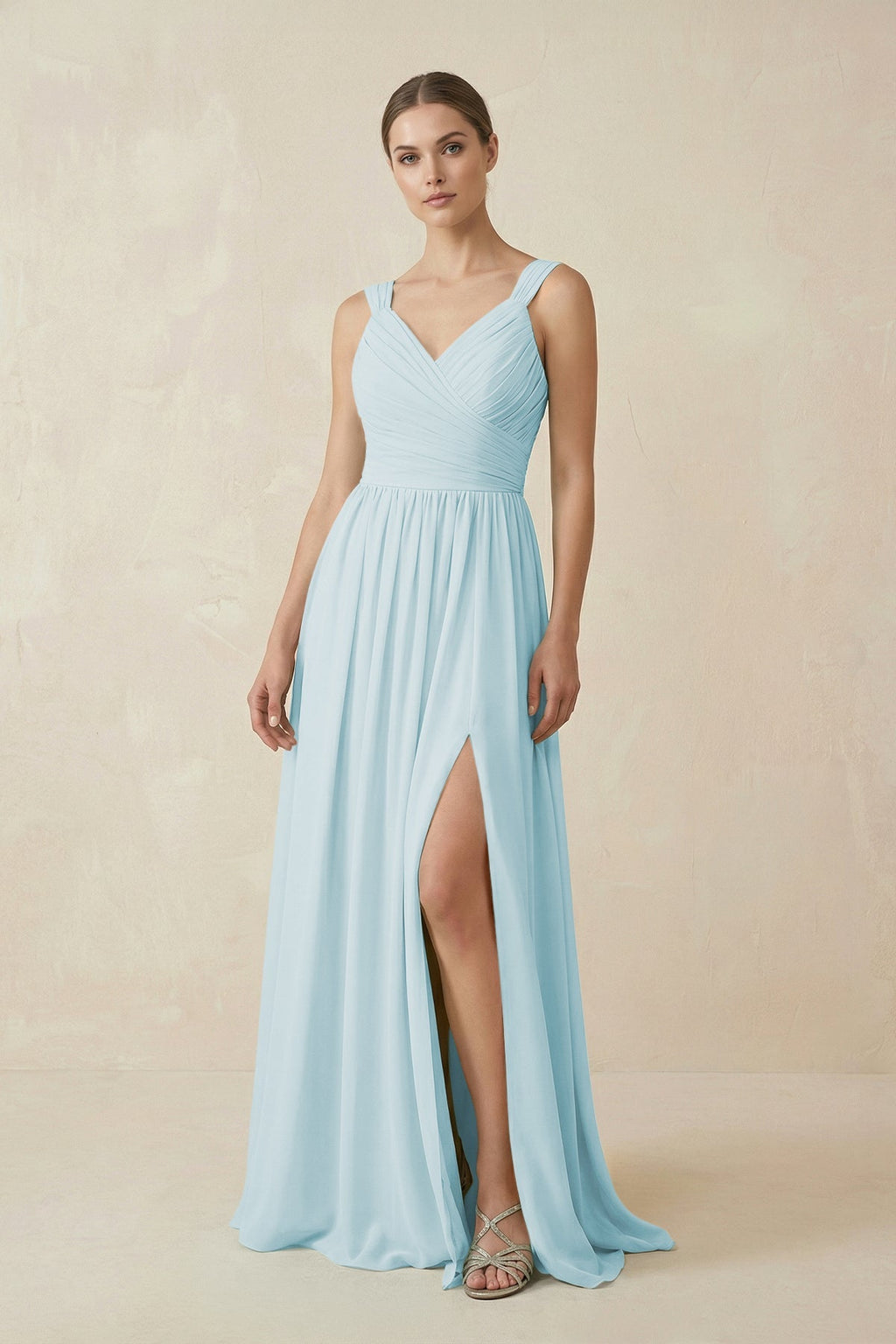 A - Line Pleated Chiffon Long Bridesmaid Dress in Sky Blue - SHE IS ME Bridesmaid Dresses