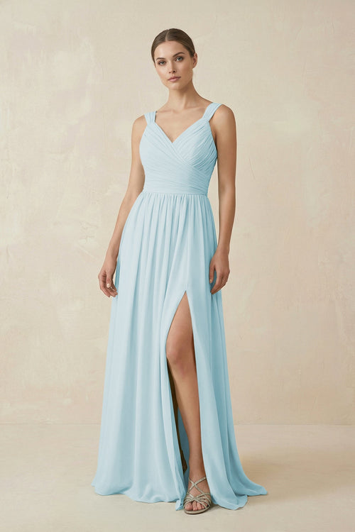 A - Line Pleated Chiffon Long Bridesmaid Dress in Sky Blue - SHE IS ME Bridesmaid Dresses