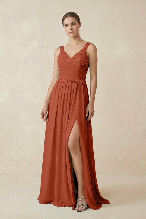 A - Line Pleated Chiffon Long Bridesmaid Dress in Spice - SHE IS ME Bridesmaid Dresses