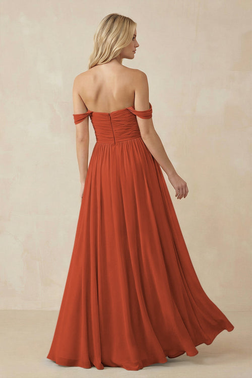 A - Line Pleated Chiffon Long Bridesmaid Dress in Spice - SHE IS ME Bridesmaid Dresses