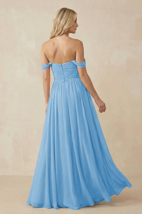 A - Line Pleated Chiffon Long Bridesmaid Dress in Steel Blue - SHE IS ME Bridesmaid Dresses