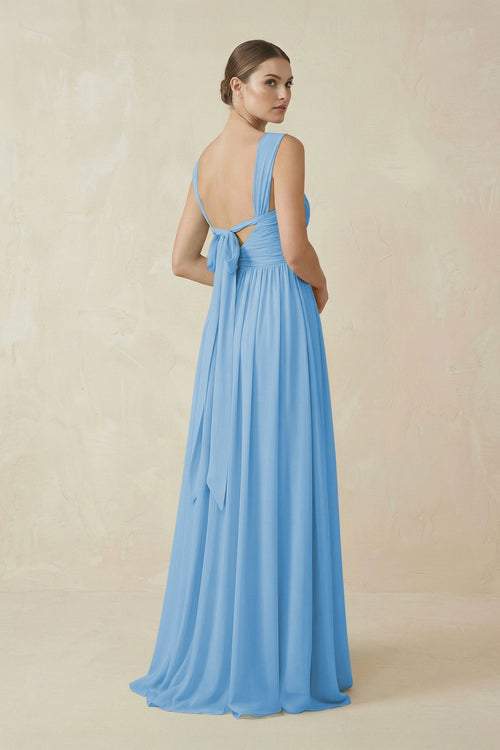 A - Line Pleated Chiffon Long Bridesmaid Dress in Steel Blue - SHE IS ME Bridesmaid Dresses