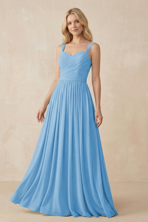 A - Line Pleated Chiffon Long Bridesmaid Dress in Steel Blue - SHE IS ME Bridesmaid Dresses