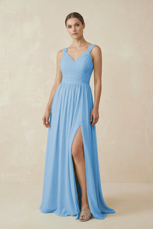 A - Line Pleated Chiffon Long Bridesmaid Dress in Steel Blue - SHE IS ME Bridesmaid Dresses