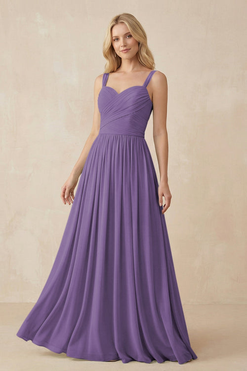 A - Line Pleated Chiffon Long Bridesmaid Dress in Tahiti - SHE IS ME Bridesmaid Dresses