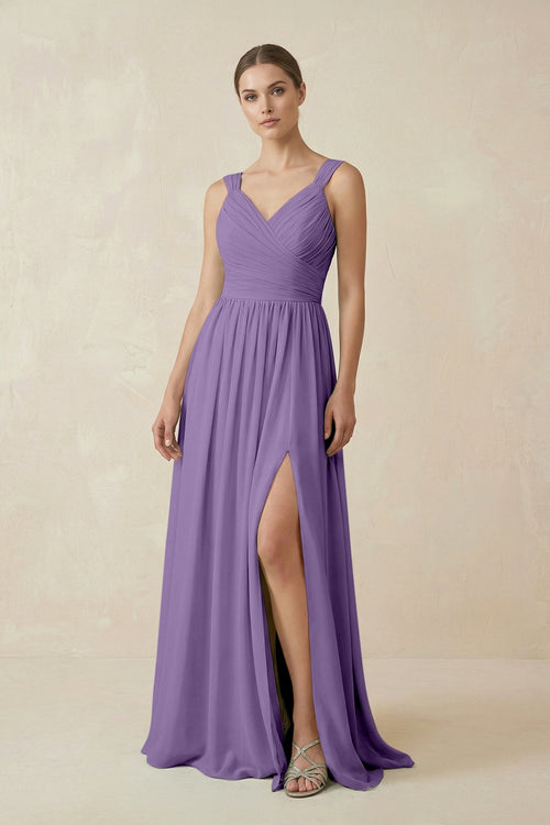 A - Line Pleated Chiffon Long Bridesmaid Dress in Tahiti - SHE IS ME Bridesmaid Dresses
