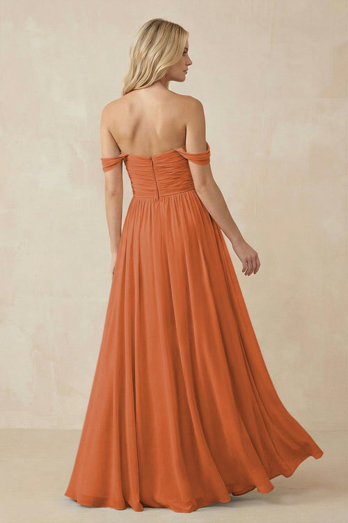 A - Line Pleated Chiffon Long Bridesmaid Dress in Terracotta - SHE IS ME Bridesmaid Dresses