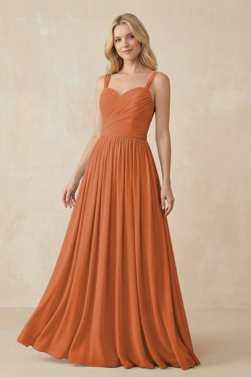 A - Line Pleated Chiffon Long Bridesmaid Dress in Terracotta - SHE IS ME Bridesmaid Dresses