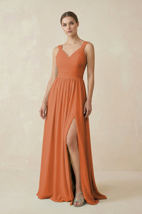 A - Line Pleated Chiffon Long Bridesmaid Dress in Terracotta - SHE IS ME Bridesmaid Dresses