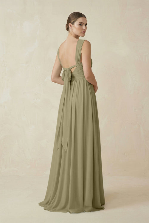 A - Line Pleated Chiffon Long Bridesmaid Dress in Thyme - SHE IS ME Bridesmaid Dresses