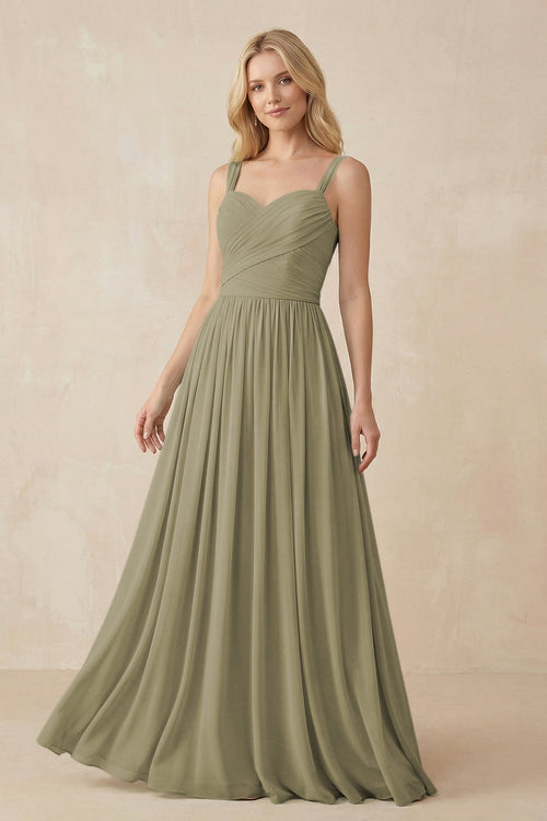 A - Line Pleated Chiffon Long Bridesmaid Dress in Thyme - SHE IS ME Bridesmaid Dresses