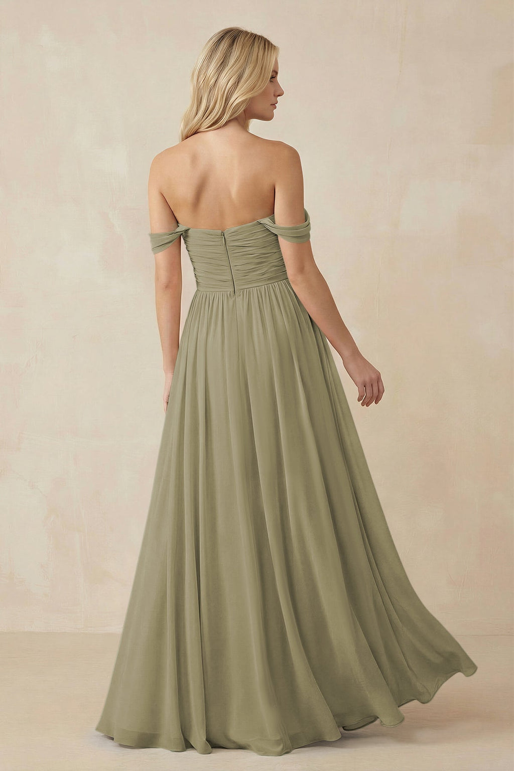 A - Line Pleated Chiffon Long Bridesmaid Dress in Thyme - SHE IS ME Bridesmaid Dresses