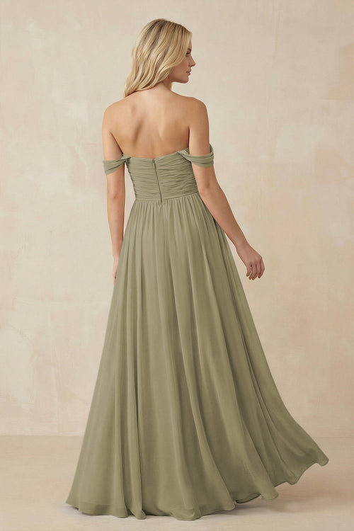 A - Line Pleated Chiffon Long Bridesmaid Dress in Thyme - SHE IS ME Bridesmaid Dresses